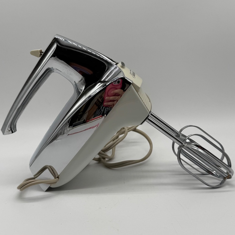 Vintage Sunbeam Mixmaster Hand Mixer Chrome White Portable Electric Tested Works
